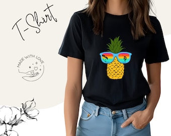 Women's T-Shirt Pineapple Design - Funny Summer Shirt - Fashionable Women's Top - Tropical Sunglasses Graphic - Black, Cotton - Casual Shirt