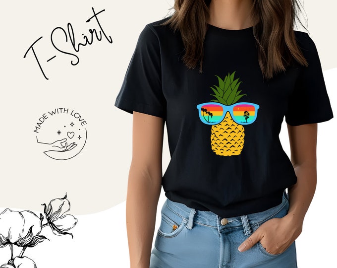 Women's T-Shirt Pineapple Design - Funny Summer Shirt - Fashionable Women's Top - Tropical Sunglasses Graphic - Black, Cotton - Casual Shirt