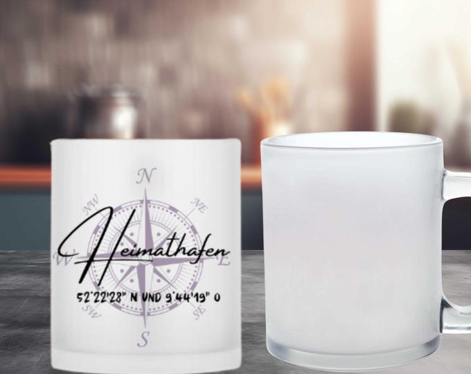 Coffee cup, tea cup, glass cup made of frosted glass sublimated with great motifs personalized "Home Port"