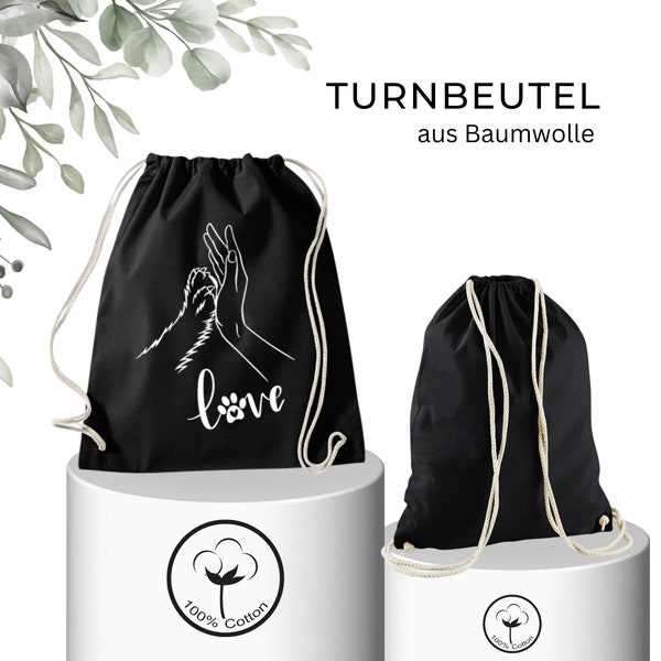 Turnbeutel bedruckt aus Baumwolle mit Kordelzug! Stylischer Begleiter für Damen - zum Shoppen und Gassi gehen, mit dem Motiv: ,,HundeLove''