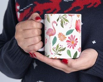 Flamingo Mug, Watercolor Coffee Cup, Tropical Floral Mug, Pink Bird Tea Cup, Aesthetic Nature Mug, Summer Beach Gift, Cute Flamingo Cup