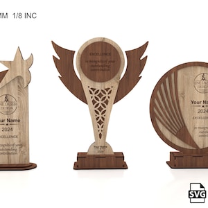 Pacchetto di file tagliati al laser del trofeo con 3 disegni diversi / file SVG del trofeo del premio in plexiglass / file tagliati al laser