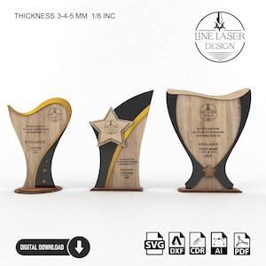 3 pacchetti di design di file di trofei di premi unici tagliati al laser / Legno e plexiglass / File Ai, Dxf, Pdf, Cdr, Svg / Premi di riconoscimento personalizzabili