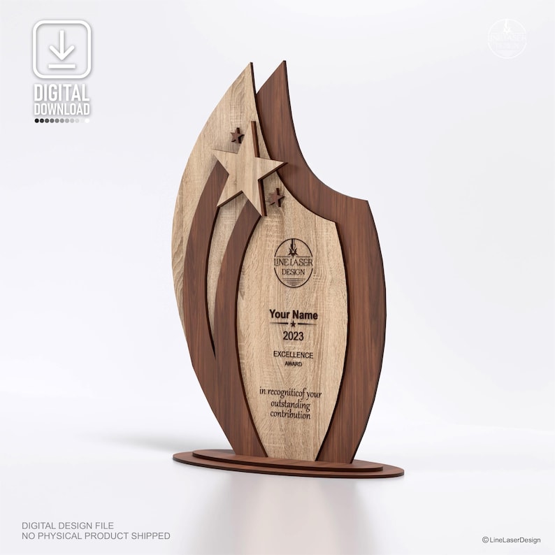 May include: A wooden Excellence Award trophy with a shield design. The trophy features a light wood center with the text "Your Name", "2023", and "Excellence Award". Two stars are cut out of the light wood. The trophy is framed by dark wood.