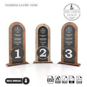 Archivos cortados con láser, juego de trofeos modernos de madera y plexiglás / Diseño personalizable para el 1.er, 2.º y 3.er lugar, premios elegantes para competiciones y eventos
