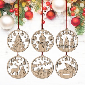 Ornamenti di Natale SVG File tagliati al laser, 6 disegni per ornamenti per l'albero di Natale, Giocattoli per l'albero di Natale SVG