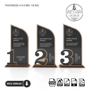Elegante set di trofei per premi al 1°, 2° e 3° posto / File di premi personalizzabili in legno e plexiglass tagliati al laser / Perfetti per le competizioni
