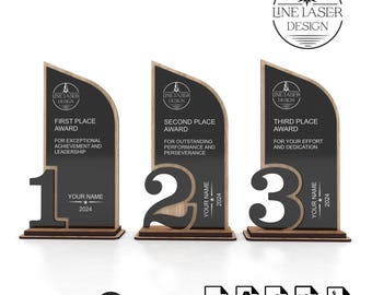 Elegante juego de trofeos para el 1.er, 2.º y 3.er puesto / Placa de madera y plexiglás en archivos Svg-Dxf-Pdf-Ai-Cdr / Perfecto para competiciones