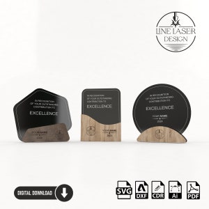 Pacchetto di file tagliati al laser per trofeo con 3 disegni diversi / File SVG per targa premio in legno e plexiglass / File tagliati al laser