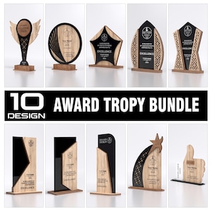 Puede incluir: Una colección de diez trofeos de premios con varios diseños. Los trofeos presentan detalles en madera, negro y dorado. Cada trofeo incluye espacio para personalización con texto como "Your Name" y "Excellence". La imagen también muestra el texto "10 AWARD TROPY BUNDLE DESIGN".