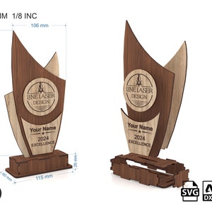 May include: A wooden award plaque with a brown and beige finish. The plaque features a circle with the text "LINE LASER DESIGN" and the text "Your Name 2024 EXCELLENCE". The plaque is 29.2 cm wide and 23.4 cm tall.