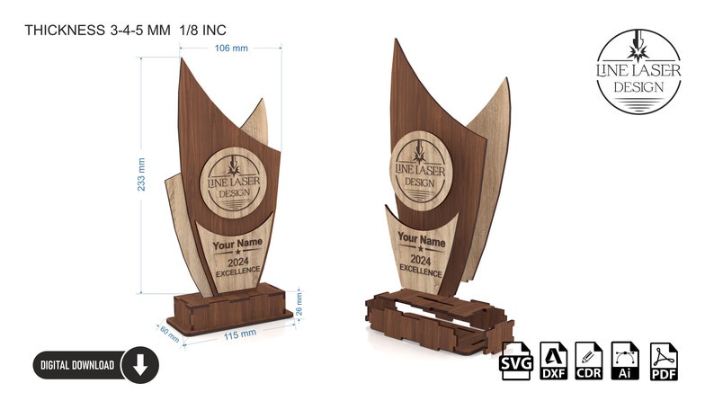 May include: A wooden award plaque with a brown and beige finish. The plaque features a circle with the text "LINE LASER DESIGN" and the text "Your Name 2024 EXCELLENCE". The plaque is 29.2 cm wide and 23.4 cm tall.