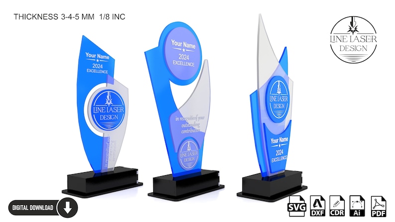 May include: Three blue and white acrylic award plaques with a black base. The plaques feature a flame design and the text "LINE LASER DESIGN". The plaques are available in three different sizes: 3 mm, 4 mm, and 5 mm thick. The plaques are available for digital download in SVG, DXF, CDR, AI, and PDF formats.