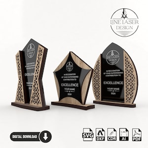 Pakket met 3 verschillende ontwerpen Award Trophy lasergesneden bestanden | SVG-bestanden met onderscheidingsteken van hout en plexiglas | Lasergesneden bestanden