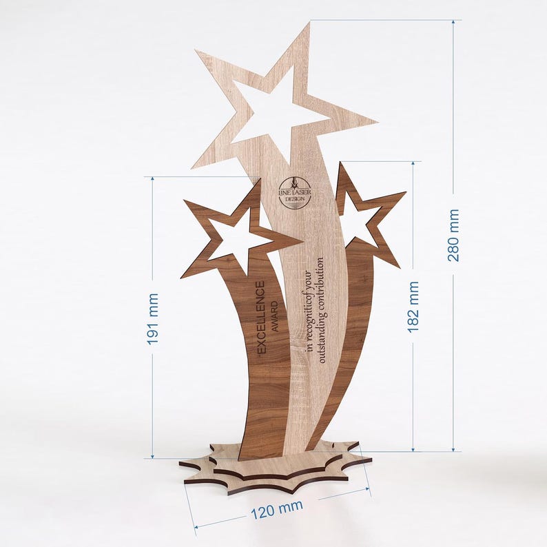 May include: Wooden star-shaped award, approximately 7.5 inches tall, with a base of about 4.7 inches. The award features three stars, with the text "EXCELLENCE AWARD" and "in recogniticof your outstanding contribution".