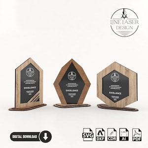 Pakket met 3 verschillende ontwerpen Award Trophy lasergesneden bestanden | SVG-bestanden met onderscheidingsteken van hout en plexiglas | Lasergesneden bestanden