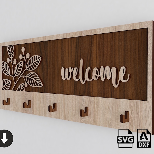 Laser cut wall key hanger, 2 layer welcome theme 4 hanger svg file