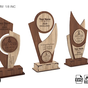 May include: Three wooden award plaques with a laser-cut design. The plaques are brown and light brown with a circle in the centre that says "LINE LASER DESIGN". The text on the plaques reads "Your Name 2024 EXCELLENCE". The plaques are 3-4-5 mm thick and 1/8 inch thick.