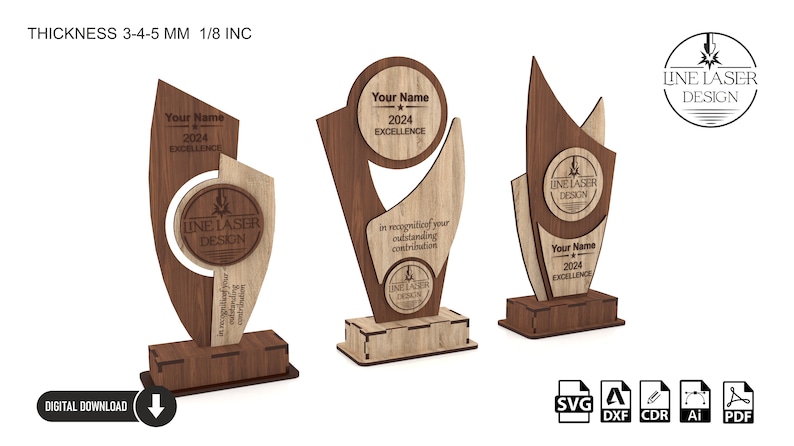 May include: Three wooden award plaques with a laser-cut design. The plaques are brown and light brown with a circle in the centre that says "LINE LASER DESIGN". The text on the plaques reads "Your Name 2024 EXCELLENCE". The plaques are 3-4-5 mm thick and 1/8 inch thick.
