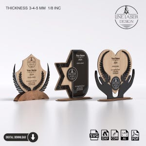 3 diversi design di trofei premio tagliati al laser file confezione / piastra file Svg-Dxf-Pdf-Ai-Cdr
