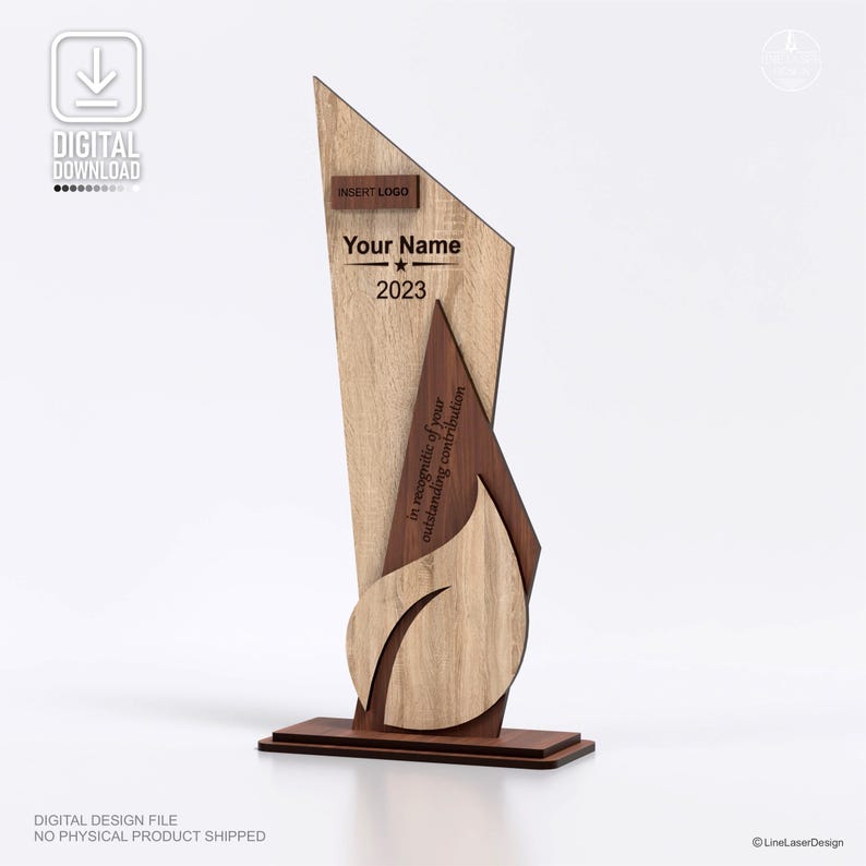 May include: A wooden award with a light wood grain finish, featuring a geometric design. The award includes the text "Your Name" and "2023", with the words "in recognition of your outstanding contribution". The base is a dark brown color.