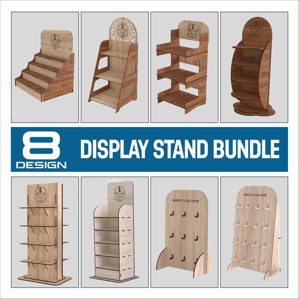 8 st displayställ SVG-paket | Laserskurna filer butikshyllor (svg, ai, dxf, cdr, pdf)