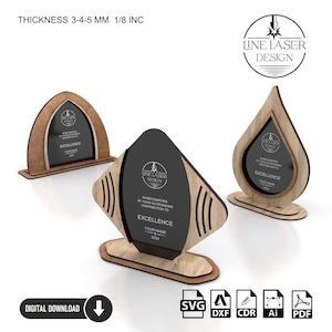 Pakket met 3 unieke prijstrofeeën | Lasergesneden plaques van hout en acryl | Svg-, Ai-, Dxf-, Pdf-, Cdr-bestanden voor aangepaste onderscheidingen