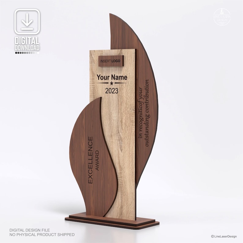 May include: A wooden excellence award with a light wood center and dark wood accents. The award features the text "Your Name" and "2023". The words "Excellence Award" and "in recognition of your outstanding contribution" are also visible.
