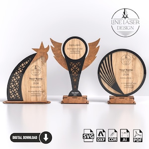 3 Different Designs Award Trophy Laser Cut Files Pack | Plexiglass Plate Svg-Dxf-Pdf-Ai-Cdr Files