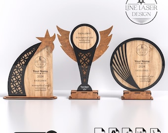 3 verschiedene Designs Award Trophy Laser Cut Files Pack | Plexiglas PlatteSvg-Dxf-Pdf-Ai-Cdr Dateien