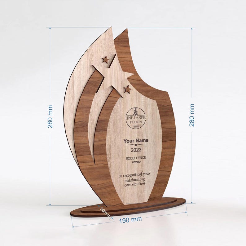 May include: A wooden award trophy, 280 mm tall, with a unique design featuring a central panel for personalization and star accents. The base is 190 mm wide. The text on the award reads "Your Name", "2023 EXCELLENCE AWARD", and "in recognition of your outstanding contribution."