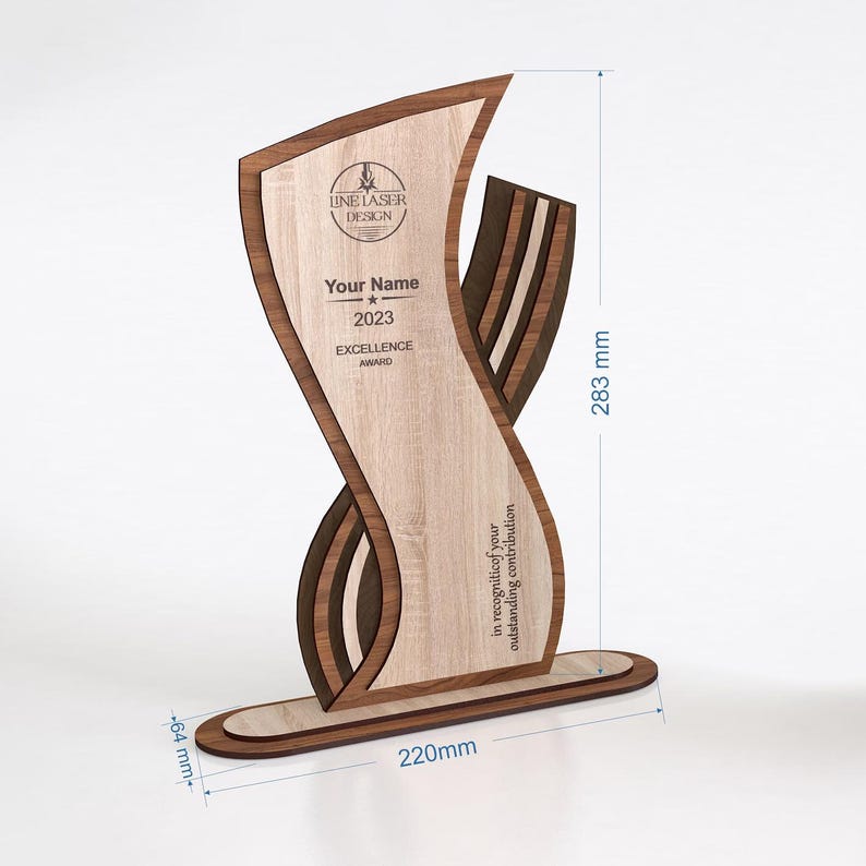 May include: A wooden award with a light wood grain finish, featuring the text "LINE LASER DESIGN", "Your Name", "2023 EXCELLENCE AWARD", and "in recognition of your outstanding contribution". The award is 220mm wide, 64mm deep, and 283mm tall.