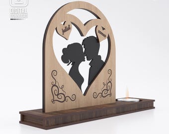 Archivos cortados con láser para portavelas de pareja con forma de corazón (svg, dxf, cdr, ai, pdf)
