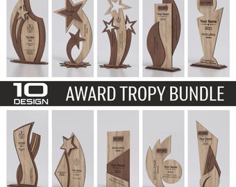 Pacchetto di 10 trofei premio tagliati al laser / File SVG per trofei premio / File tagliati al laser
