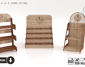Verkaufsständer 3 verschiedene Design Laser Cut SVG-Dateien, 4 - 5 Regalböden Ausstellungsständer, 3-4-5-6 mm - 1/8 Zoll Versionen Marktausstellungsstand