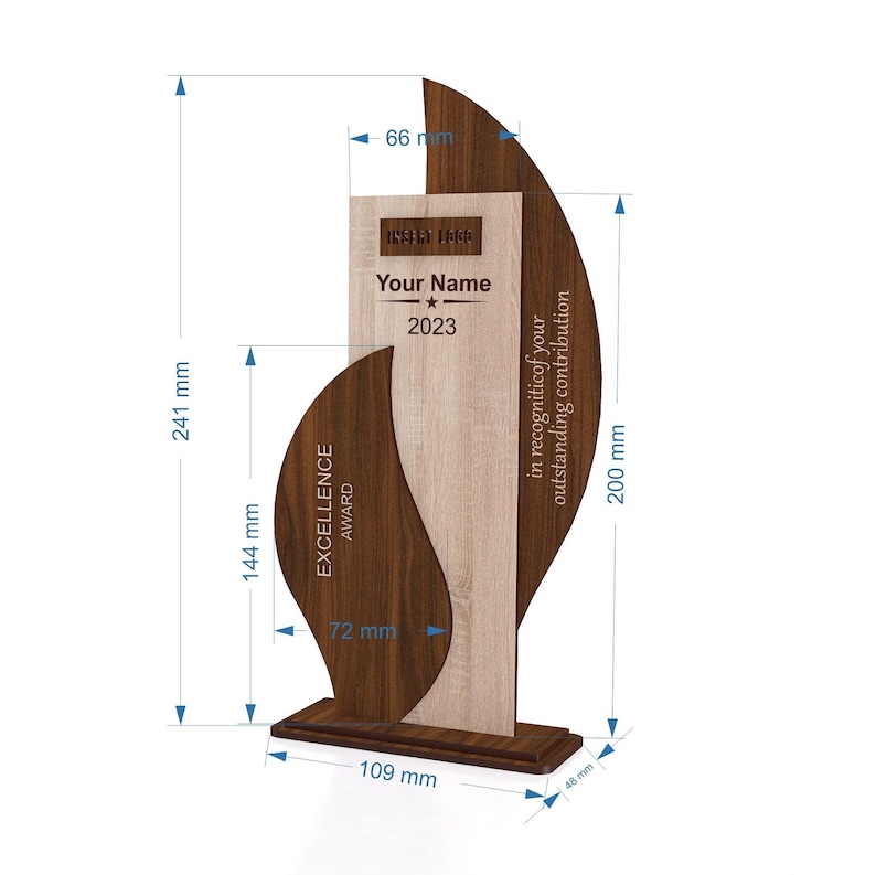 May include: A wooden Excellence Award trophy. The trophy is 9.5 inches tall and 4.3 inches wide. It features a dark brown and light wood grain design with the text "Your Name" and "2023". The award is 7.9 inches tall.