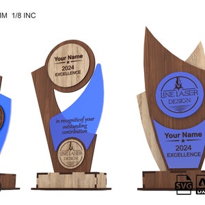 May include: A digital download of a laser cut award plaque design. The plaque is made of wood and features a blue and brown colour scheme. The text on the plaque reads "Your Name 2024 Excellence" and "In recognition of your outstanding contribution". The plaque is available in SVG, DXF, CDR, AI, and PDF formats.