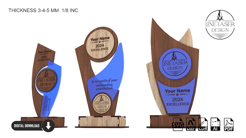 May include: A digital download of a laser cut award plaque design. The plaque is made of wood and features a blue and brown colour scheme. The text on the plaque reads "Your Name 2024 Excellence" and "In recognition of your outstanding contribution". The plaque is available in SVG, DXF, CDR, AI, and PDF formats.