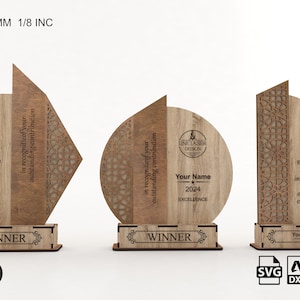 Pacchetto di file tagliati al laser del trofeo con 3 disegni diversi / file SVG del trofeo del premio / file tagliati al laser