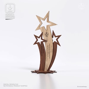 May include: A wooden award featuring three star shapes in varying shades of brown and light wood. The award has the text "EXCELLENCE AWARD" and "in recognition of your outstanding contribution". The base is a starburst design.