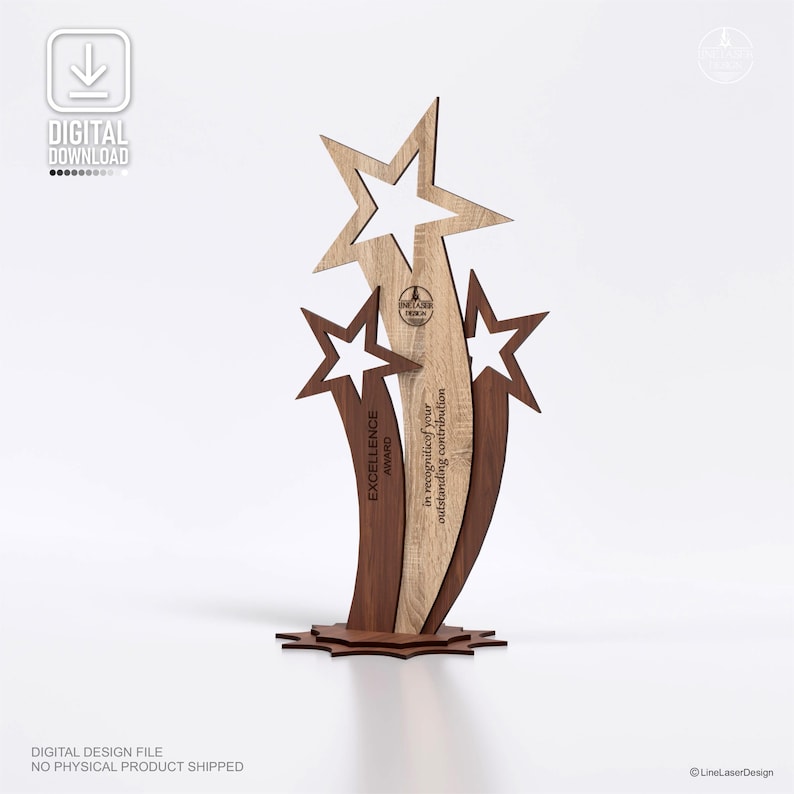 May include: A wooden award featuring three star shapes in varying shades of brown and light wood. The award has the text "EXCELLENCE AWARD" and "in recognition of your outstanding contribution". The base is a starburst design.