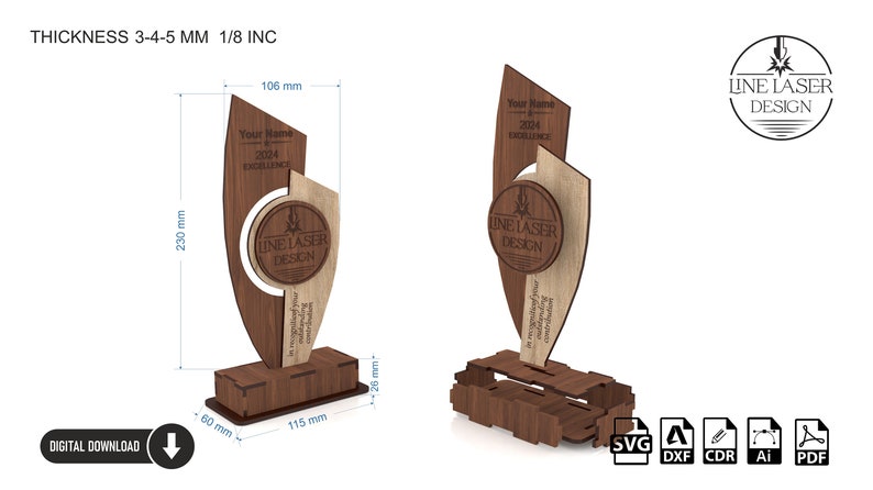 May include: A wooden award plaque with a brown and light brown finish. The plaque features a circle with the text "LINE LASER DESIGN" and the text "Your Name 2024 EXCELLENCE" on the top. The plaque is 29.2 cm wide and 22.9 cm tall. The plaque is available in digital download format in SVG, DXF, CDR, AI, and PDF.
