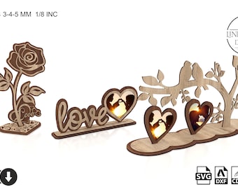 Archivo cortado con láser para San Valentín: 3 diseños diferentes de rosas y marcos de fotos en formato SVG, DXF, PDF, AI y CDR (descarga digital)