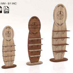 Lasergesneden bestand 3 verschillende maten displaystandaard, Svg-bestanden 4 planken displaystandaard, 3-4-5 mm - 1/8 inch versies Market Display Stand