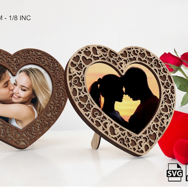 Fichier de découpe laser de la Saint-Valentin - Cadre photo coeur avec 2 motifs différents - Fichier Svg cadre coeur