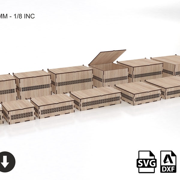 16 Different Sizes Hinged Lid Box Laser Cut Files - Patterned Storage Box - 4 Different Material Thickness SVG Files