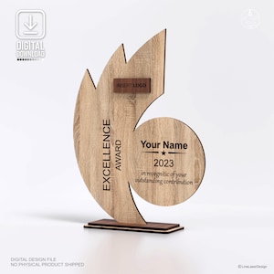May include: A wooden Excellence Award trophy with a unique leaf-like design. The trophy features the text "EXCELLENCE AWARD", "Your Name", and "2023". It includes a space to "INSERT LOGO". The base is a dark brown color.