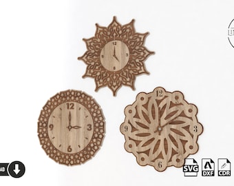 Clock laser cut file, 3 Different Designs Laser cut wall clock, Clock Svg File, Glowforge wall clock svg Laser cut file