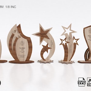 Paquete de 5 trofeos de premio cortados con láser con diseños diferentes / Archivos SVG de trofeos de premio / Archivos cortados con láser