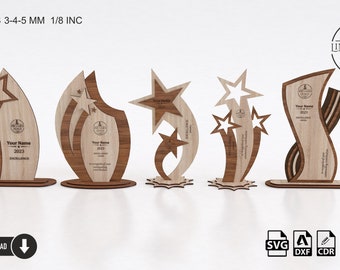 5 diseños diferentes Premio Trofeo Paquete de corte láser / Premio Trofeo Archivos SVG / Archivos de corte láser